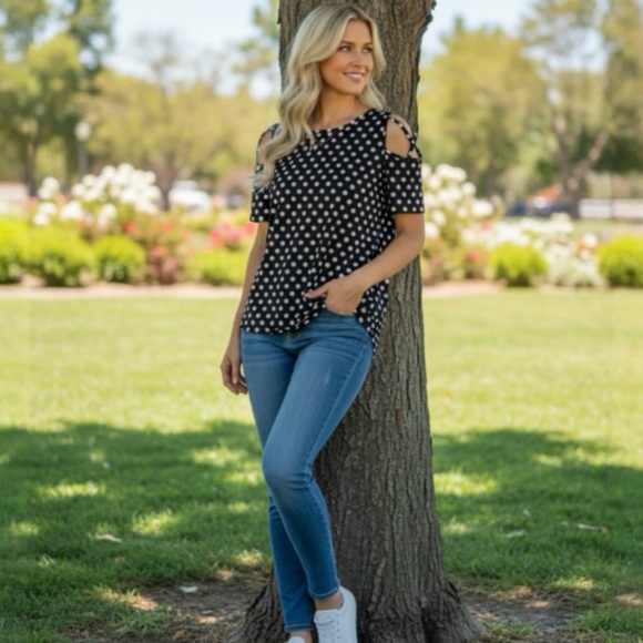 nilouofo Denim - Strapped Cold Shoulder Polka Dot Top